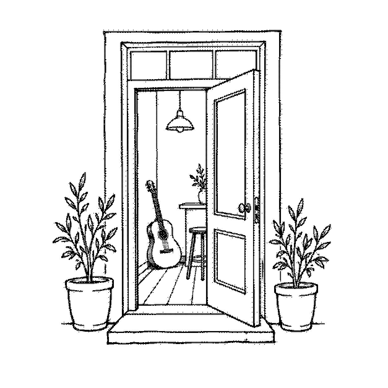 An open café doorway with a guitar waiting inside